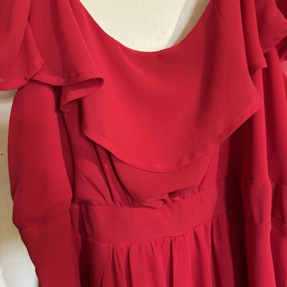 Red Chiffon Cold Shoulder Ruffle Flutter Sleeve Cocktail Dress Knee Length - Picture 3 of 7
